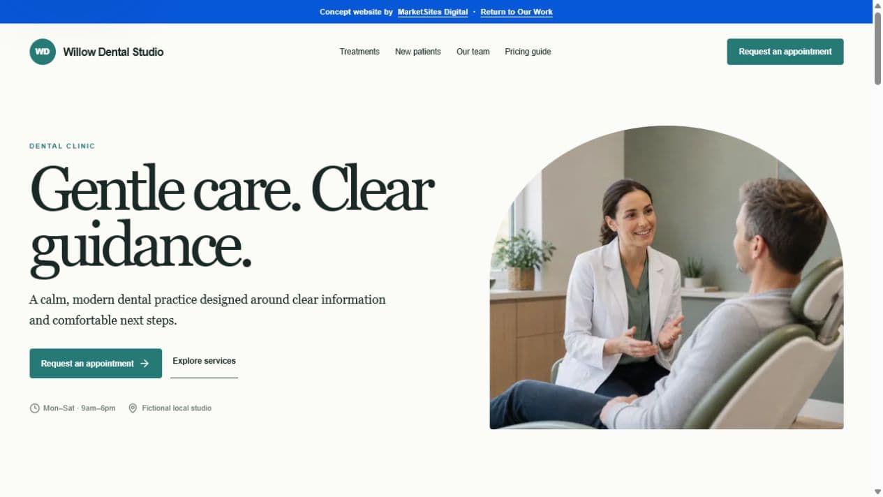 Willow Dental Studio concept homepage desktop preview