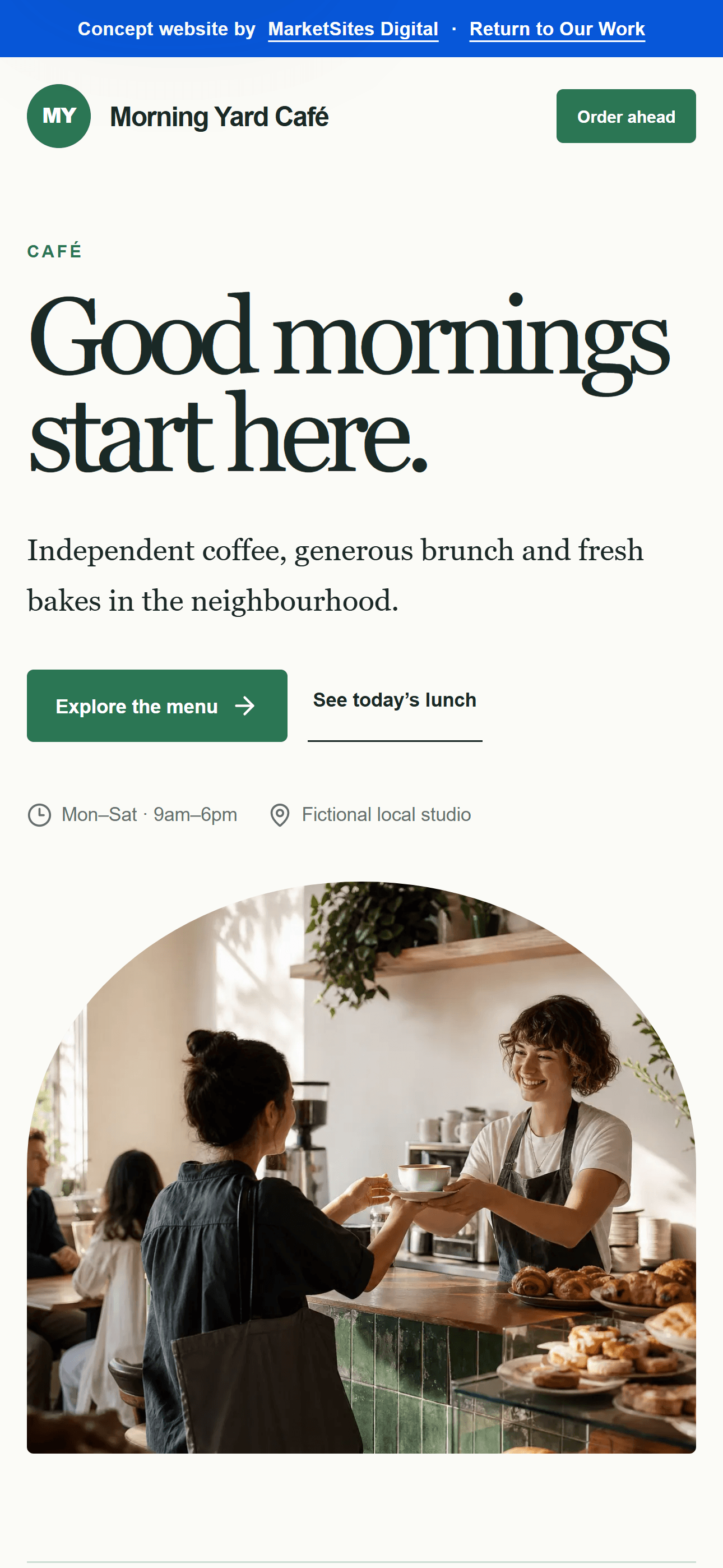 Café concept homepage mobile preview